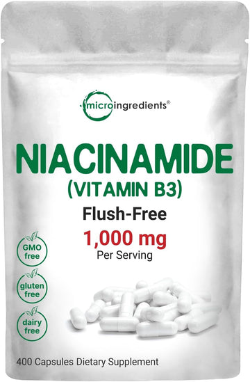 Micro Ingredients Vitamin B3 Nicotinamide 1,000mg Per Serving, 400 Capsules | Flush Free Niacin, Essential B Vitamin Supplement | Skin Care Health & Energy Support | Non-GMO, Gluten Free