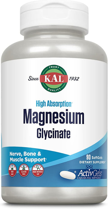 Kal Magnesium Glycinate Activgels 315Mg, High Absorption Magnesium Supplement For Muscle, Nerve & Bone Health Support, Non-Gmo, Gluten Free, 30 Servings, 90 Softgels