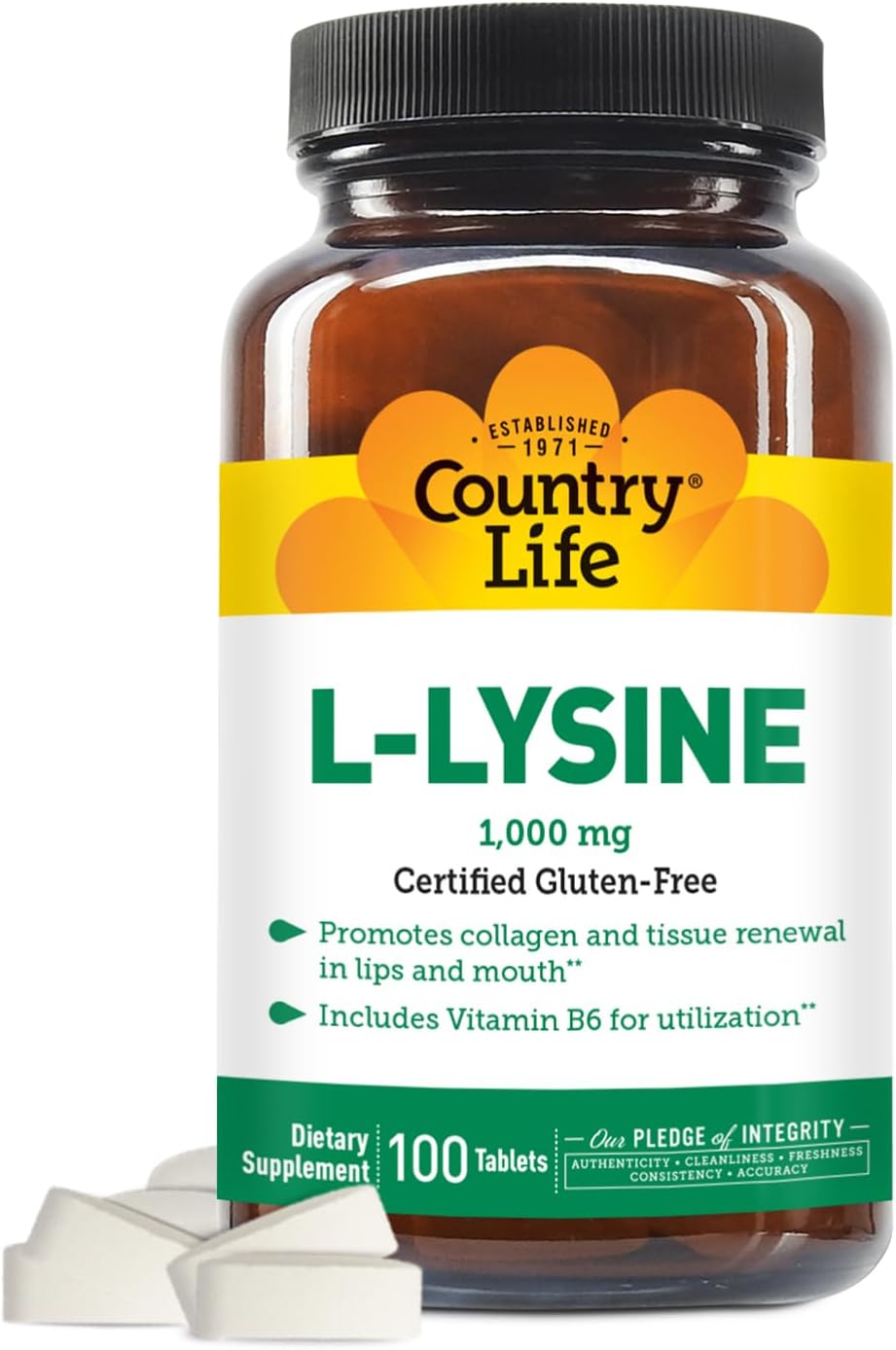 Country Life L-Lysine 1000Mg With Vitamin B6-100 Tablets - Promotes Collagen And Tissue Renewal - Aids Utilization - Gluten-Free…