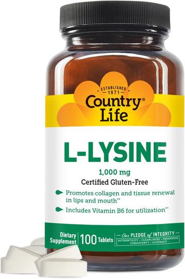 Country Life L-Lysine 1000Mg With Vitamin B6-100 Tablets - Promotes Collagen And Tissue Renewal - Aids Utilization - Gluten-Free…