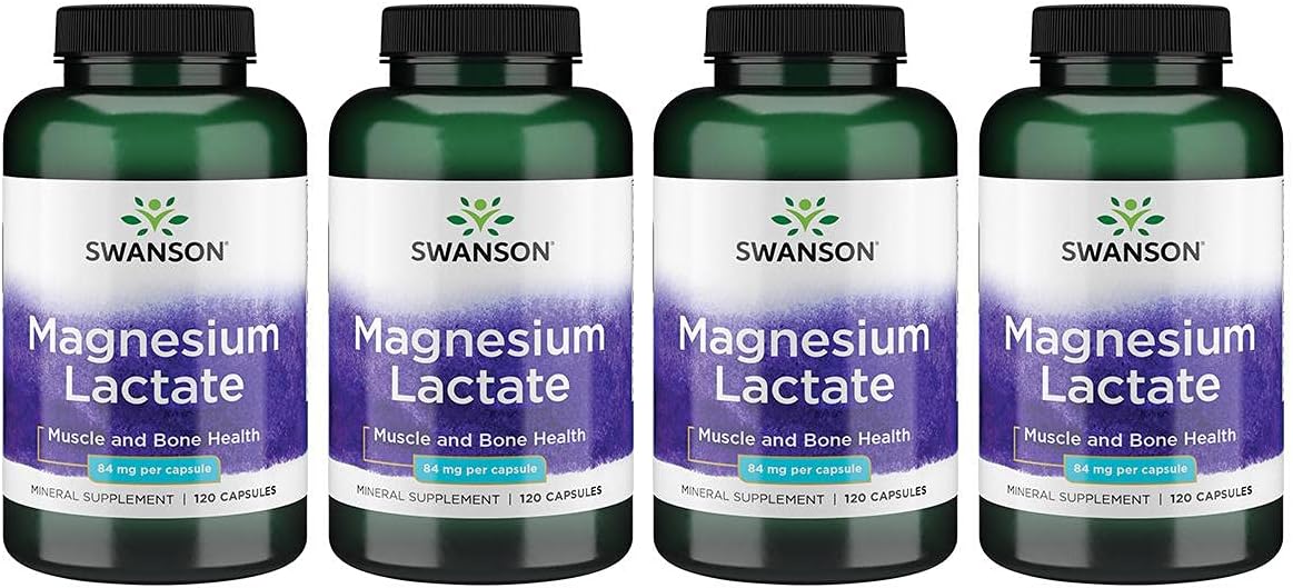 Swanson Magnesium Lactate - Mineral Supplement Promoting Muscle And Bone Health Support - Lactose-Free Lactate Mineral Form For Gentle Absorption - (120 Capsules, 84Mg Each) 4 Pack