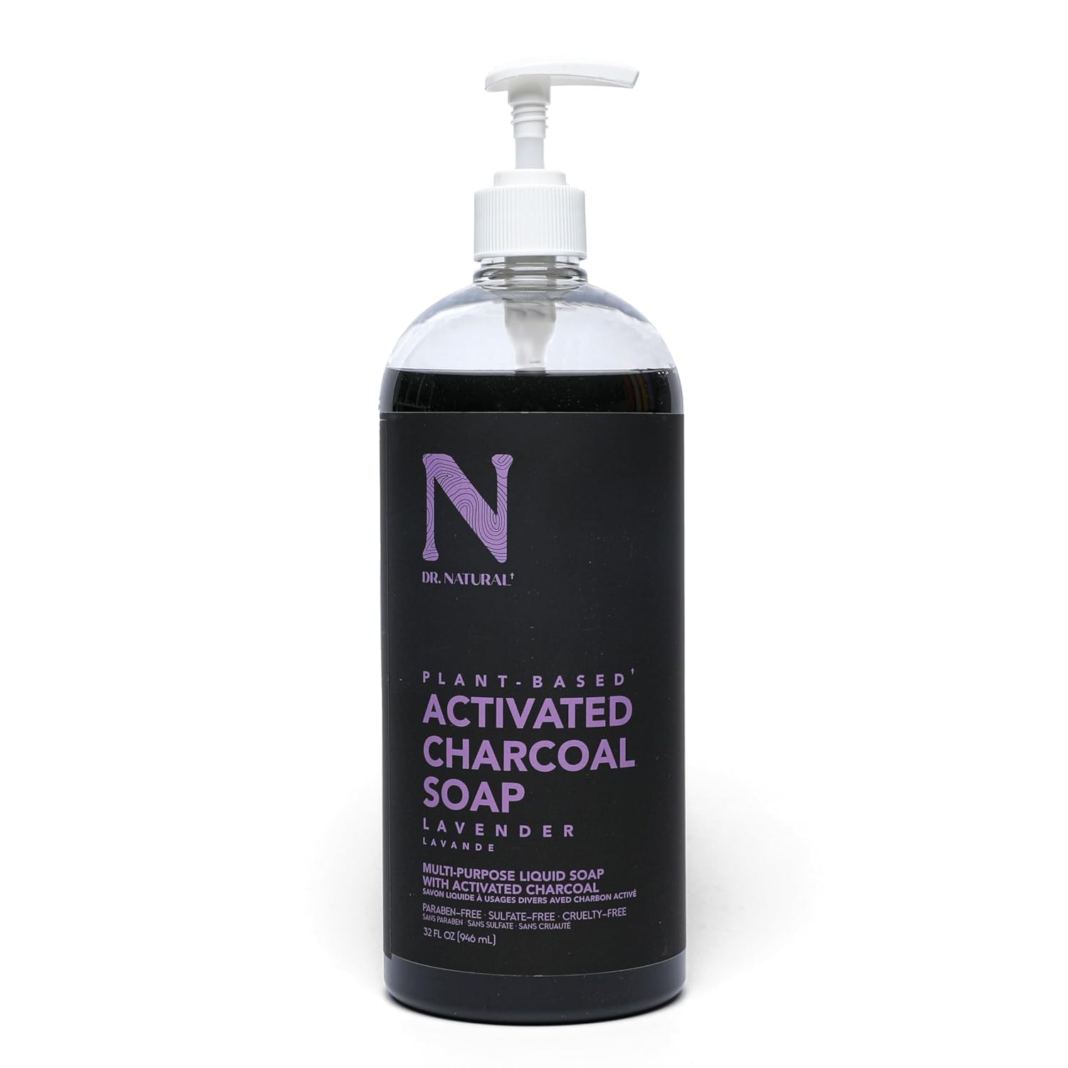 Dr. Natural Charcoal Liquid Soap, Lavender, 32 Oz - Plant-Based - Made With Shea Butter - Rich In Essential Oils - Paraben-Free, Sulfate-Free, Cruelty-Free - Multi-Use Liquid Soap
