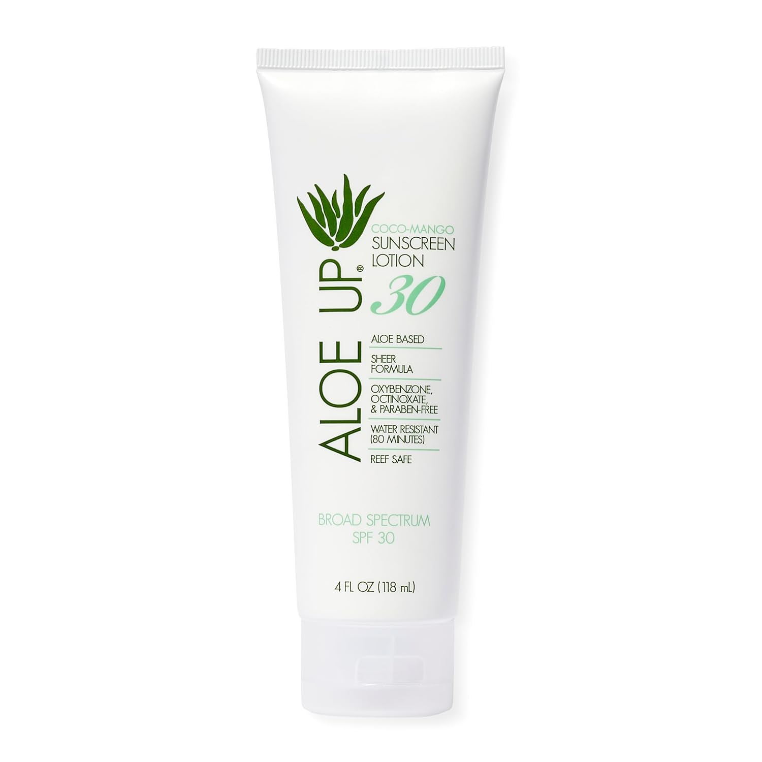 Aloe Up White Collection Sunscreen Lotion SPF 30 - Broad Spectrum UVA/UVB Sunscreen Protector for Face and Body - With Aloe Vera Gel - Alcohol-Free - Reef Friendly - Coco-Mango Fragrance - 4 Oz