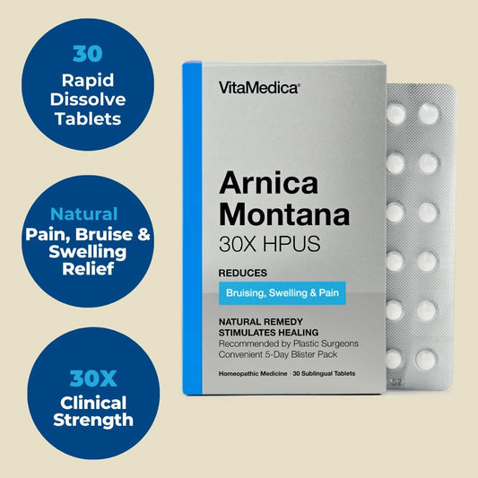 Arnica Montana 30X Hpus, Clinical Grade, Quick Dissolve Tablets, Five-Day Recovery Pack For Pain And Bruise Relief After Surgery Or Injury, Natural Healing, Gentle On The Stomach - 30 Count