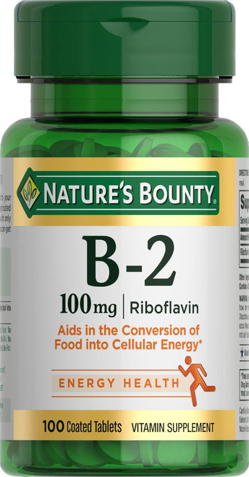 Nature'S Bounty Vitamin B, B-2 Vitamin 100Mg, Vitamin B As Riboflavin Supplement, Aids Energy Metabolism, 100 Vegetarian Coated Tablets, 100 Day Supply