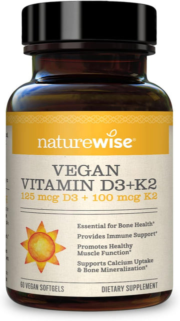 NatureWise Vitamin D3 + K2 with Plant Based Vitamin D3 5000IU & 100mcg Vitamin K2 as MK-7 - Max Absorption - Vegan Non-GMO - Immune Support - with Extra Virgin Olive Oil - 60 Softgels[2-Month Supply]