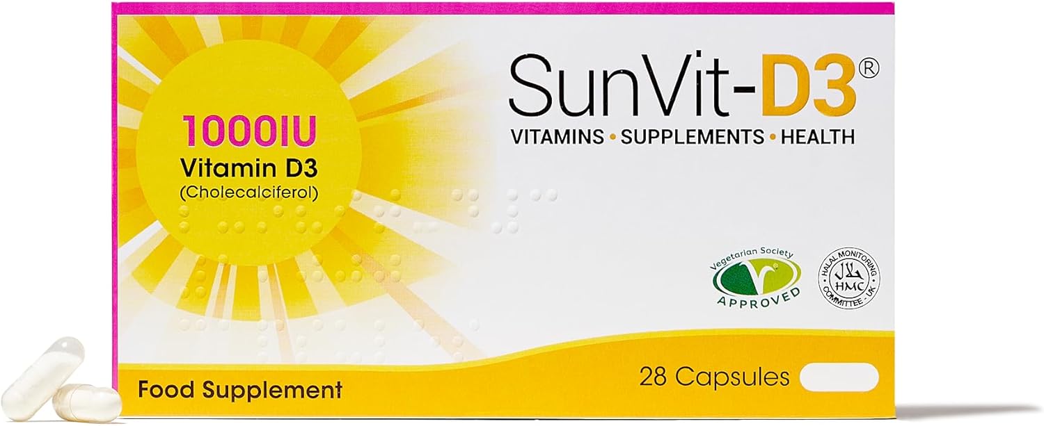 Sunvit-D3 Vitamin D 1000Iu - 28 Vitamin D Capsules | Vegan Vitamin D3 Capsules | Halal Vitamin D Supplement | Vitamin D3 Capsules Support The Maintenance Of Bone, Teeth & Muscle Function