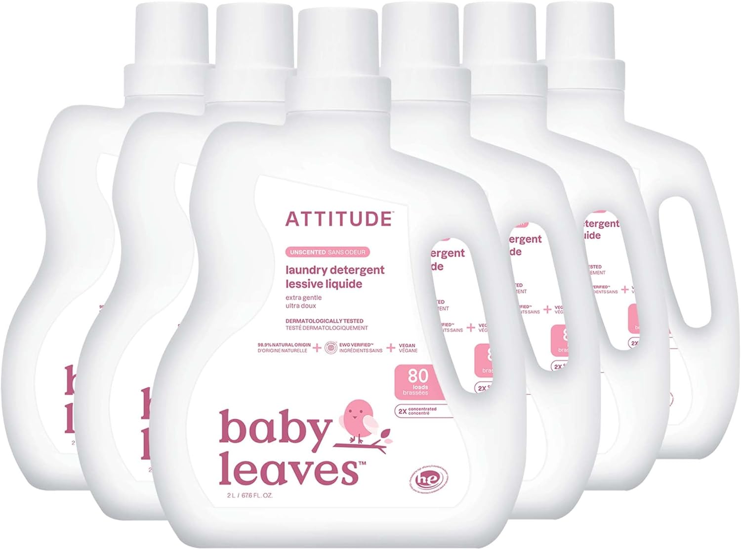 Attitude Baby Laundry Detergent, Ewg Verified, Plant And Mineral-Based Formula, He Compatible, Vegan Household Products, Unscented, 80 Loads, 67.6 Fl Oz (Pack Of 6)