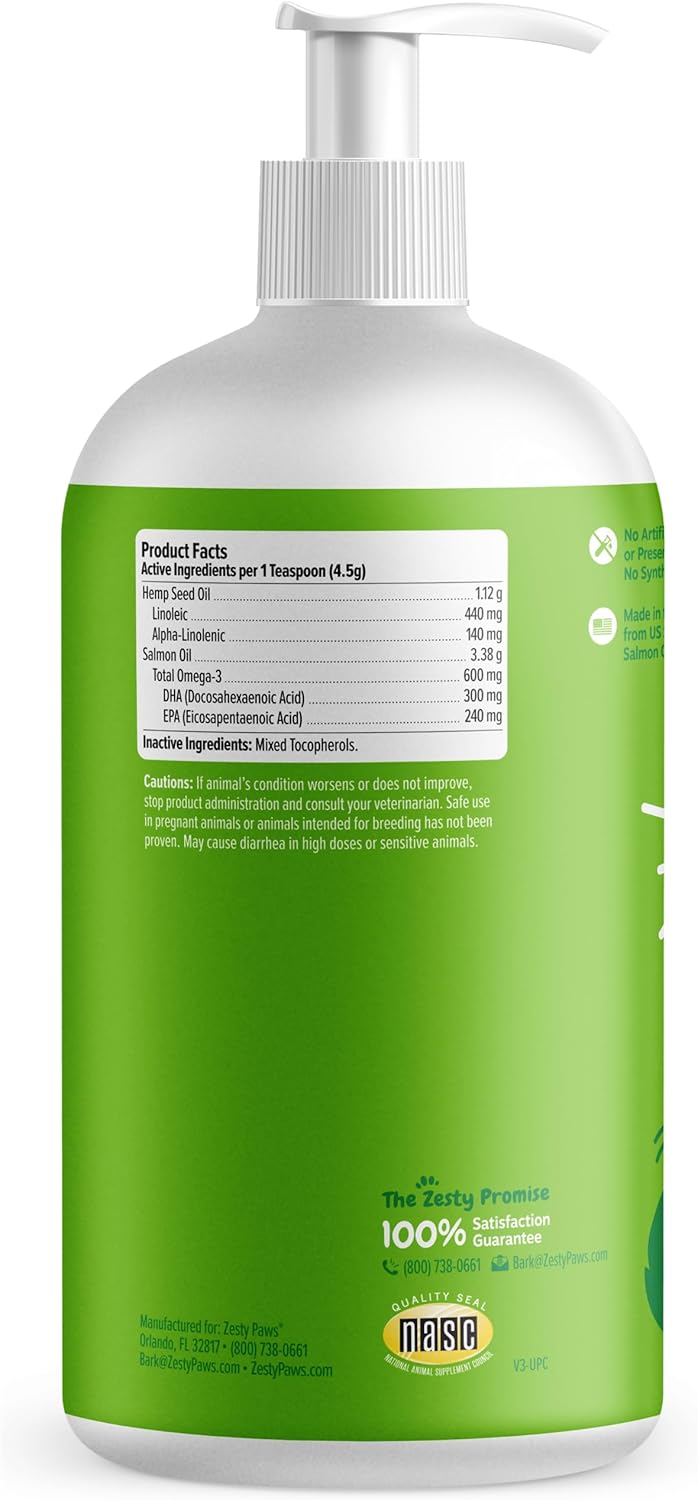 Zesty Paws Salmon Omega Oil Hemp for Dogs and Cats with Wild Alaskan Salmon Oil Omega 3 and 6 Fatty Acids with EPA DHA for Pets Supports Normal Skin Moisture and Immune System Function 32oz : Pet Supplies