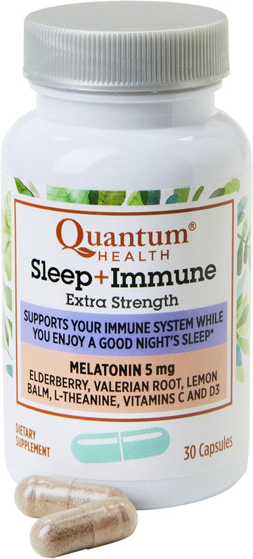 Quantum Health Sleep Immune Melatonin 5Mg Support Supplement L Theanine Valerian Root + Elderberry Vitamin C & D Immunity Boost Daily Whole Body Wellness For Women & Men - 30 Capsules