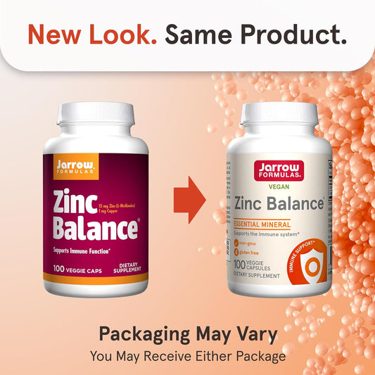 Jarrow Formulas Zinc Balance 15 mg - 100 Servings (Veggie Caps) - Includes Copper - Essential Mineral for Immune System Support - Immune Support Supplement - Gluten Free Zinc Copper Supplement - Vegan