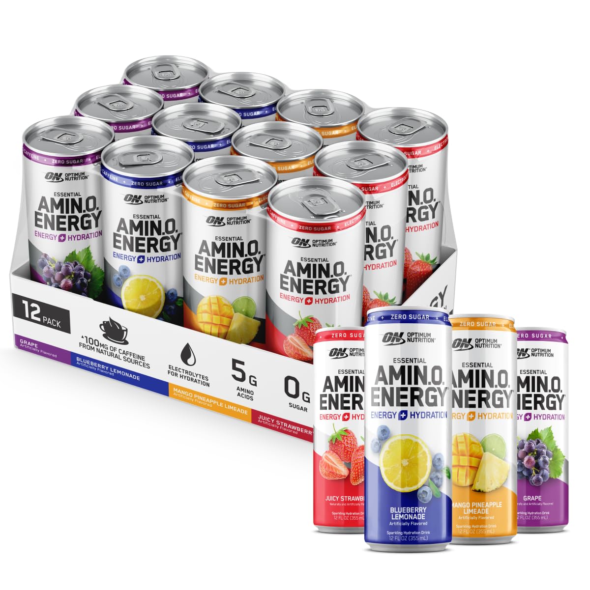 Optimum Nutrition Amino Energy Sparkling Hydration Drink, Electrolytes, Caffeine, Amino Acids, Bcaas, Sugar Free, 12 Fl Oz, Variety Pack Of 12 (Packaging May Vary)