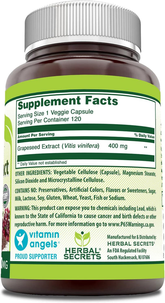 Herbal Secrets Grapeseed Extract 400 mg 120 Veggie Capsules Supplement - Non-GMO - Gluten Free : Health & Household
