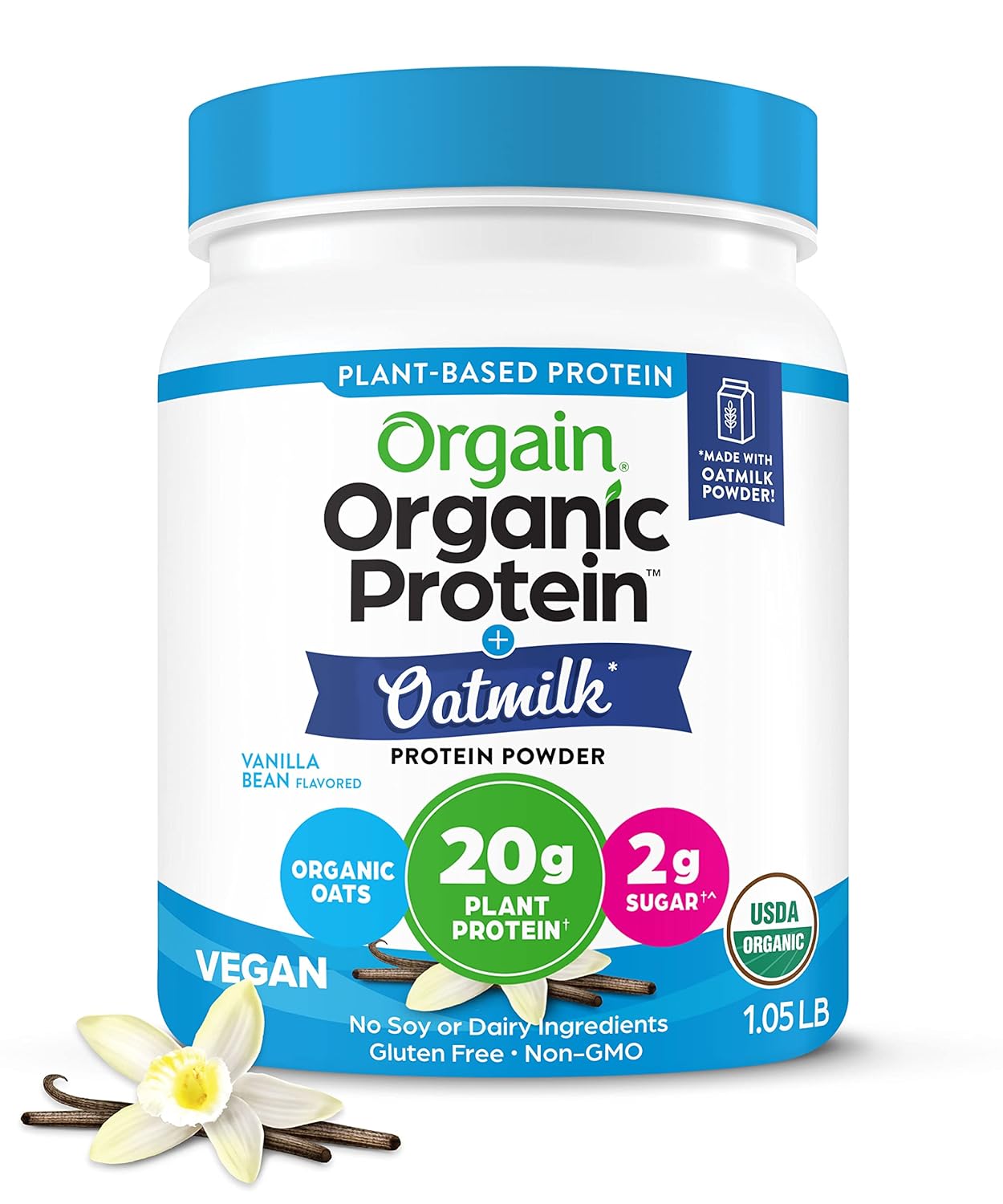 Orgain Organic Vegan Protein Powder + Oat Milk, Vanilla Bean - 20G Plant Based Protein, Gluten Free, No Dairy, Soy Or Lactose Ingredients, Low Sugar, Non-Gmo, Kosher, For Shakes & Smoothies - 1.05Lb