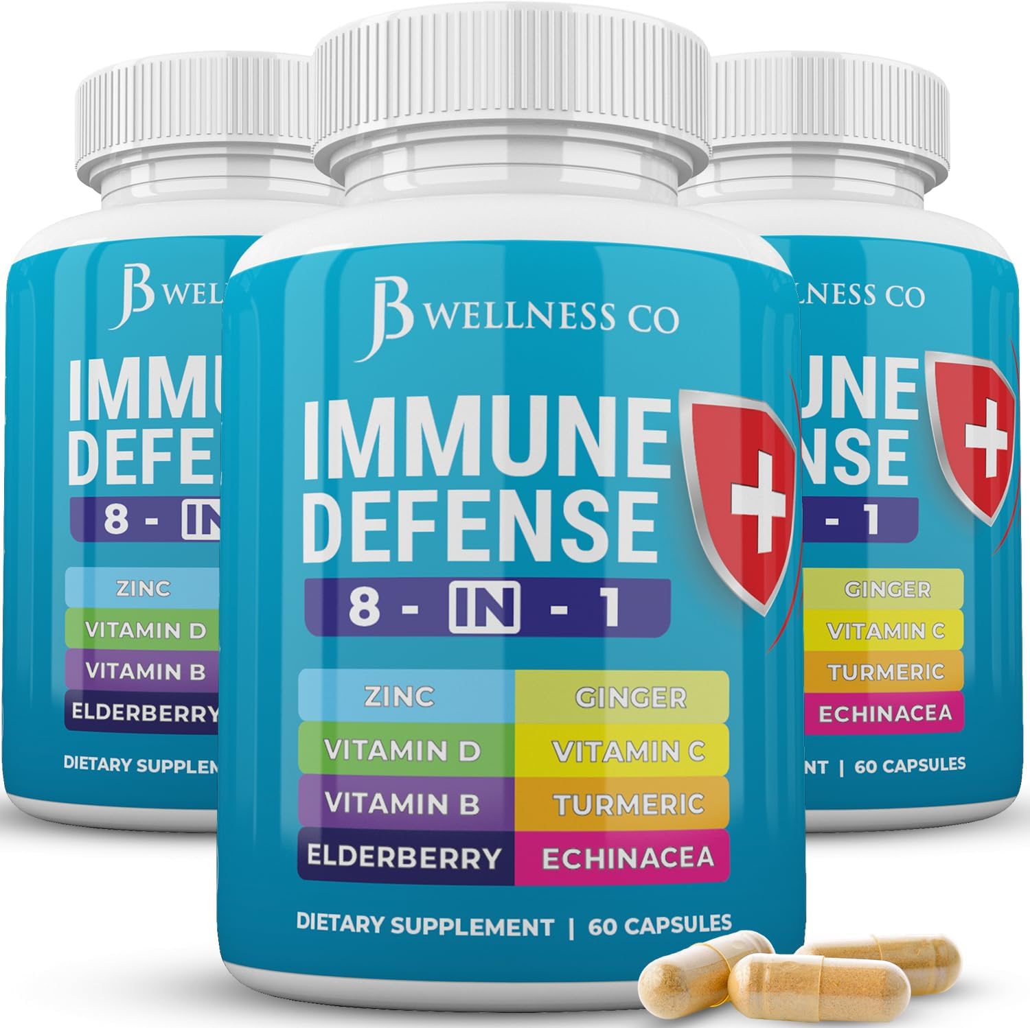 Immune Support 8 In 1 Capsules - Zinc Supplement, Vitamin D3, Vitamin C And Elderberry - Immune Booster Supplement With Echinacea, Ginger Root, And Turmeric - [3-Pack, 180 Count]