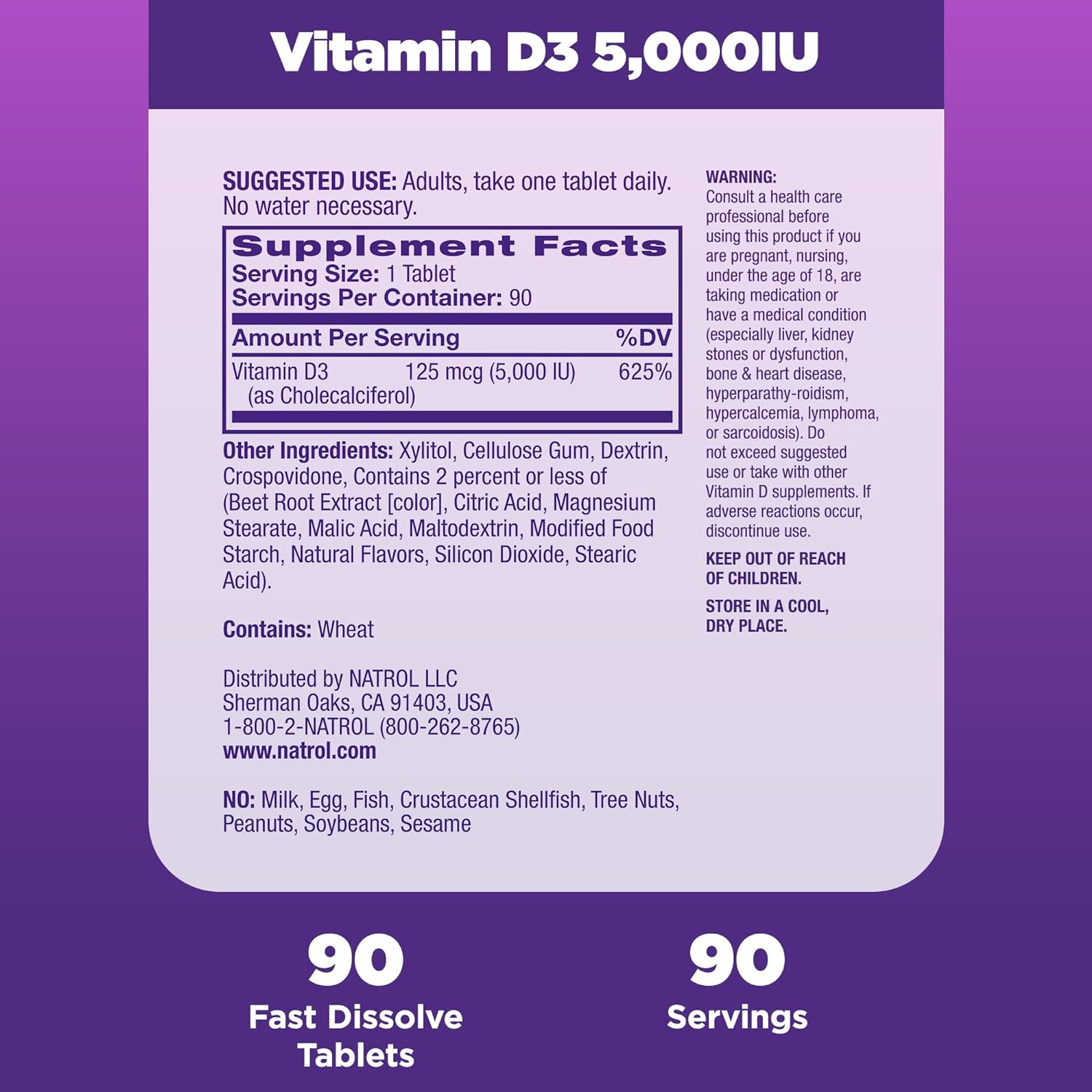 Natrol Fast Dissolve Vitamin D3 5,000 IU, Dietary Supplement for Bone and Joint Health, Bone Support Supplement, 90 Tablets, 90 Day Supply : Health & Household