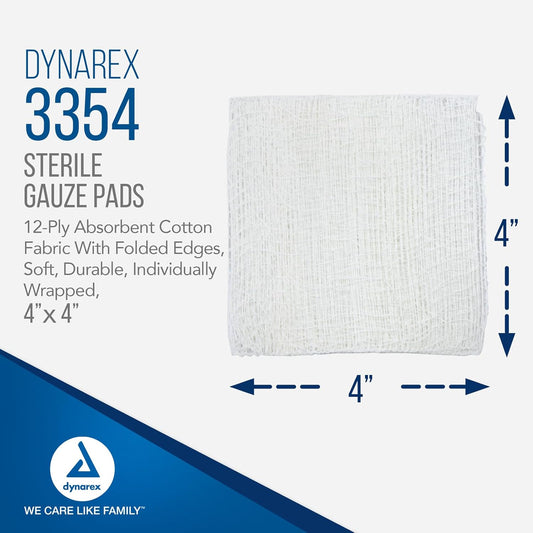 Dynarex Sterile Gauze Pads - Absorbent Cotton Fabric With Folded Edges - Soft, Durable, Individually Wrapped Dressing - 4X4", 12-Ply - Box Of 100 Pads