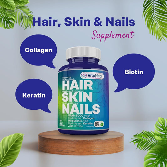 Hair, Skin & Nails – Biotin 5000 Mcg, Collagen, Optimsm, Keratin, Hyaluronic Acid & Silica | Supports Hair Growth, Radiant Skin, Strong Nails | Halal, Non-Gmo, Gluten-Free – 180 Beauty Tablets