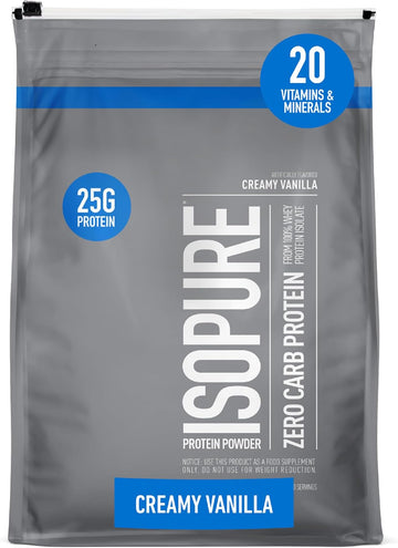 Isopure Zero Carb 100% Pure Whey Isolate Protein Powder, Lactose Free, Gluten Free, With Vitamins, Creamy Vanilla, 25G Protein Per Serving, 7.5 Lbs, 110 Servings