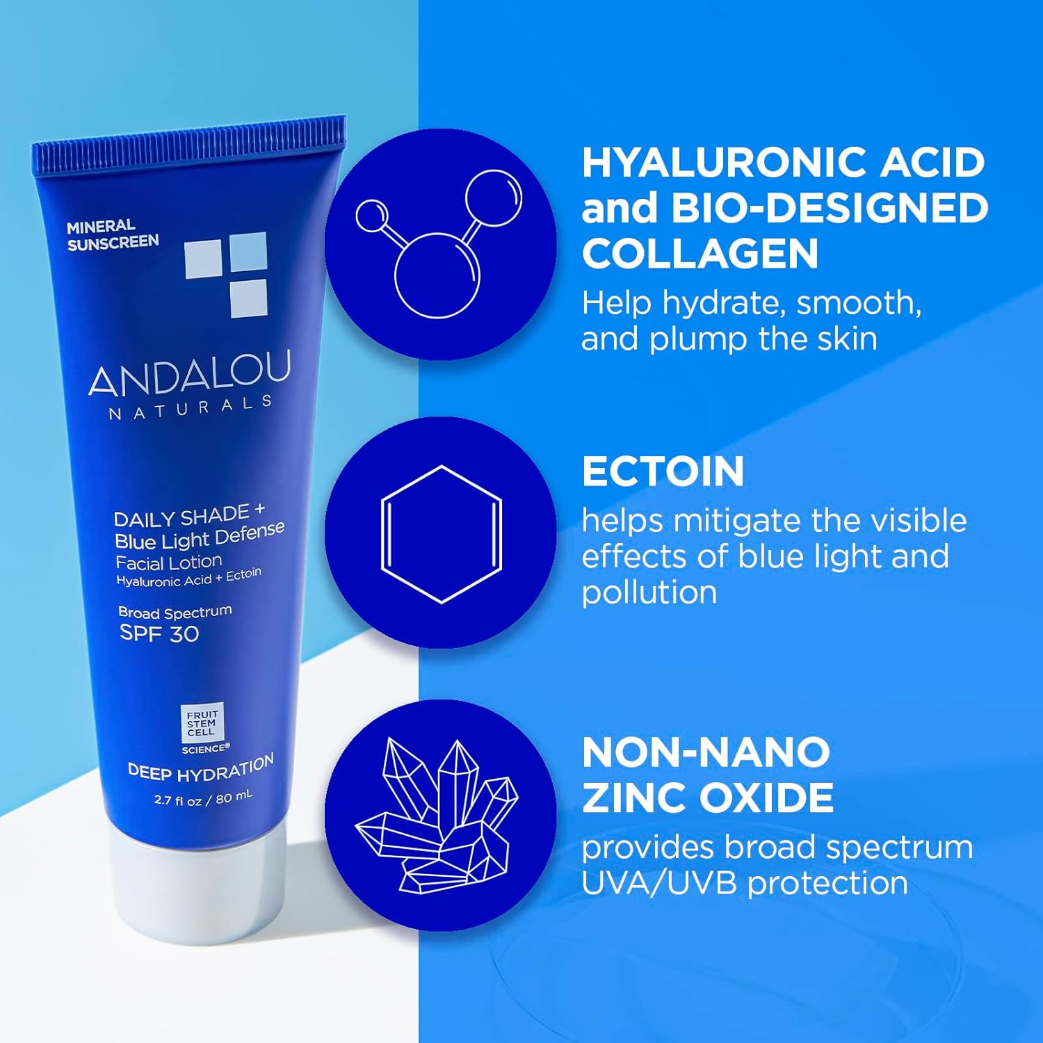 Andalou Naturals Face Sunscreen, SPF 30 Daily Shade + Blue Light Defense Facial Lotion, Broad Spectrum Protection, Deeply Hydrating Mineral Sun Block with Hyaluronic Acid & Zinc Oxide, 2.7 Fl Oz : Beauty & Personal Care