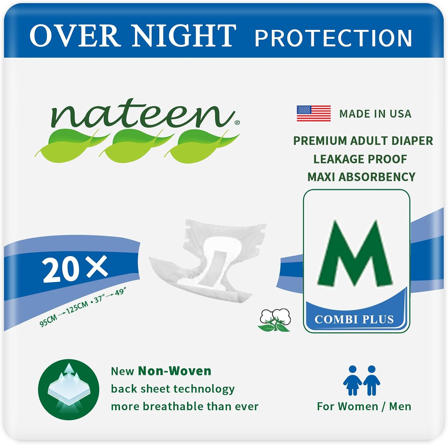 Nateen Combi Maxi Adult Diapers, Unisex Disposable Incontinence Briefs With Tabs For Men And Women,Maximum Absorbency Diaper, Heavy Overnight Leak Protection. Medium, 20Count