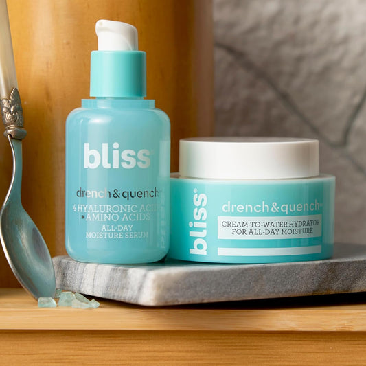 Bliss Hyaluronic Acid Drench & Quench Serum + Moitsturizer– Hydrating Ingredients For Dry, Sensitive Skin - Lightweight Gel Formula For Deep Hydration & Plump Skin - Clean, Cruelty-Free - 1 Fl Oz