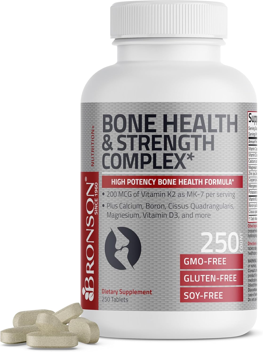 Bronson Bone Health & Strength Complex* High Potency Formula 200 Mcg Of Vitamin K2 As Mk7, Plus Calcium, Boron, Cissus Quadrangularis, Magnesium, Vitamin D3, And More - Non-Gmo, 250 Tablets