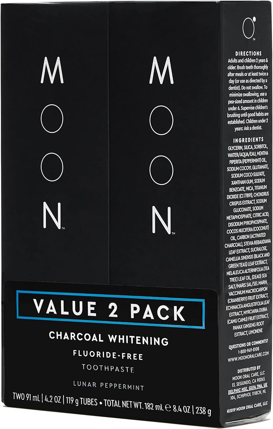 MOON Charcoal Whitening Stain Removal Toothpaste, Fluoride-Free, Lunar Peppermint Flavor for Fresh Breath, for Adults 4.2oz (2 Pack)