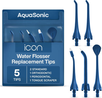 Aquasonic Icon Water Flosser Replacement Tips – 5 Tips, 4 Tip Types: Standard, Periodontal, Orthodontic & Tongue Scraper - Genuine, Authentic Parts (Stone)