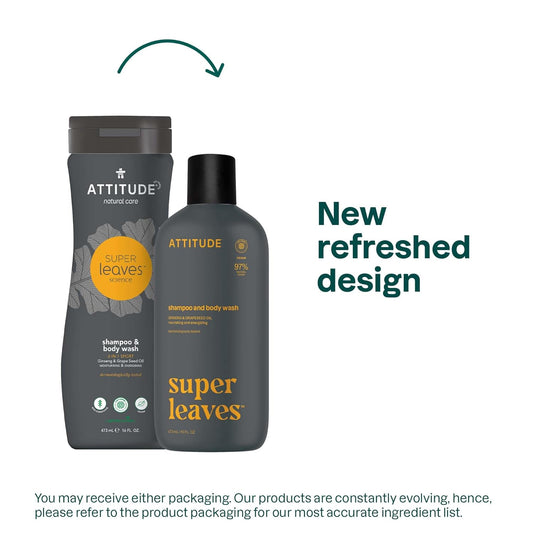 Attitude 2-In-1 Body Wash And Hair Shampoo, Ewg Verified Shower Gel, Dermatologically Tested, Made With Naturally Derived Ingredients, Vegan Personal Care, Ginseng And Grapeseed Oil, 16 Fl Oz