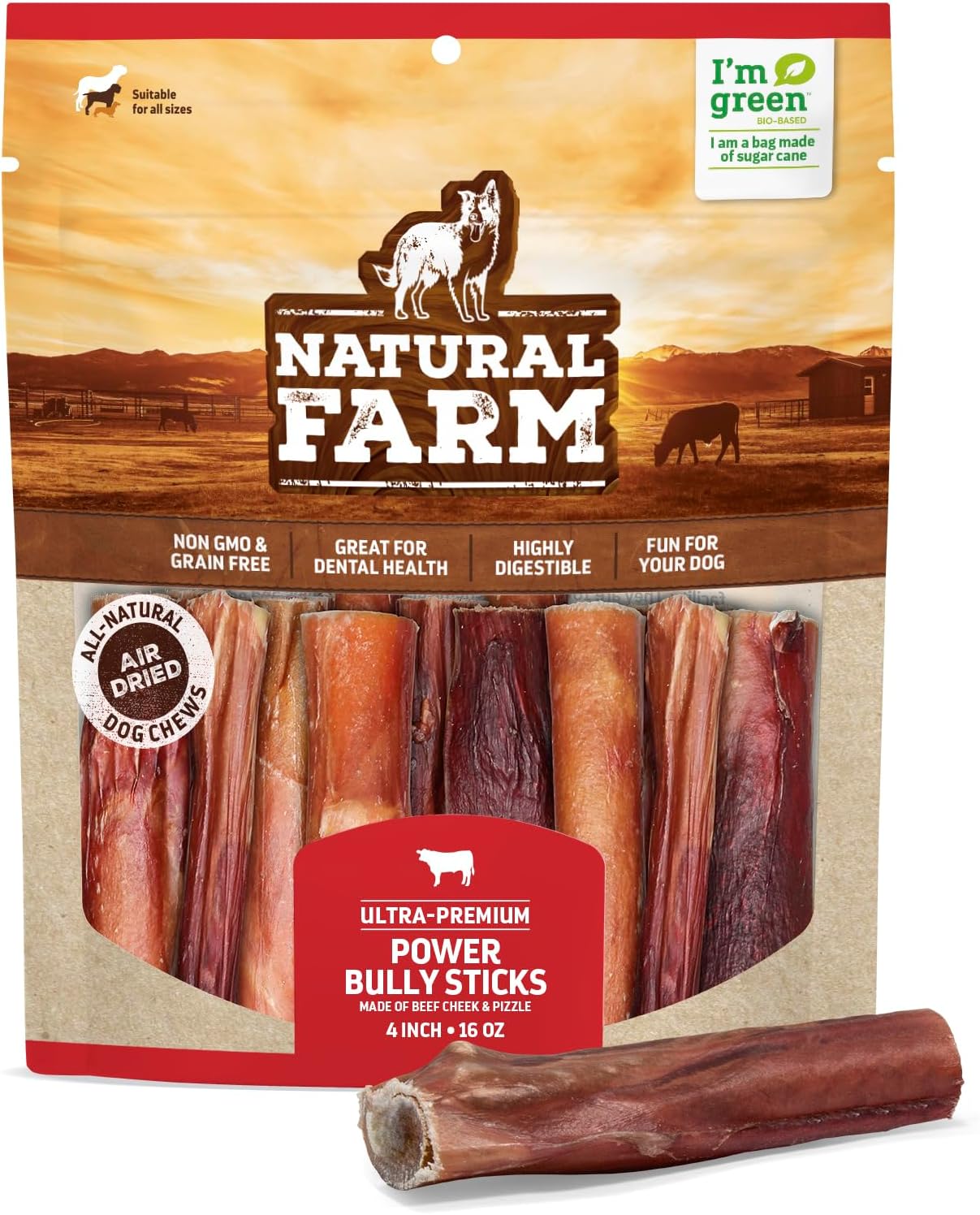 Natural Farm Power Bully Sticks Dog Chews (4”,16 Ounces), 2-in-1 Power Chews: Premium Beef Cheek Wrapped in Beef Pizzle, Double Chewing Time, Promotes Dental Health, Great for Small to Medium Dogs