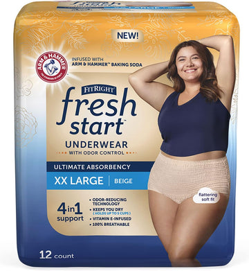 Fitright Fresh Start Incontinence And Postpartum Underwear For Women, Xxl, Beige (12 Count) Ultimate Absorbency, Disposable Underwear With The Odor-Control Power Of Arm & Hammer