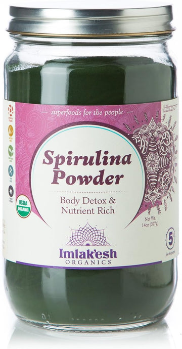 Imlak'esh Organics, Spirulina Powder (14-Ounce Glass Jar), Blue-Green Algae ? Keto | Paleo | Organically Grown in Chile | Gluten-Free | Non-GMO