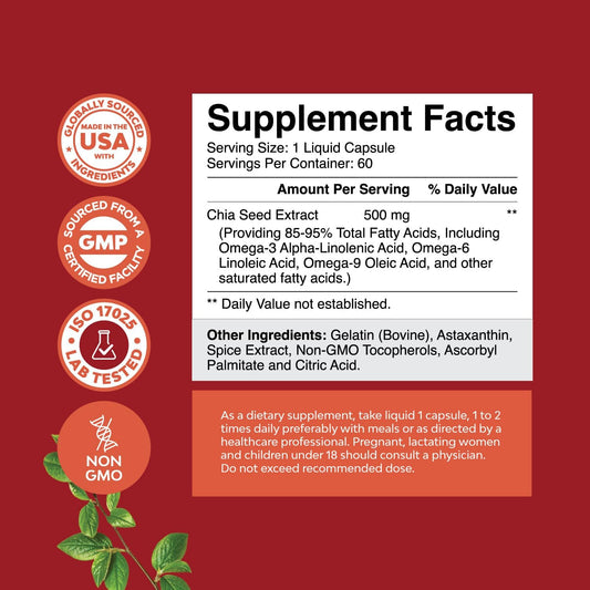 Chia Seed Oil Supplement For Weight Loss And Energy Natural Superfood Protein Metabolism Booster For Men And Women - Tryptophan Antioxidant Vitamins Omega 3 Fatty Acids 60 Servings Per Container