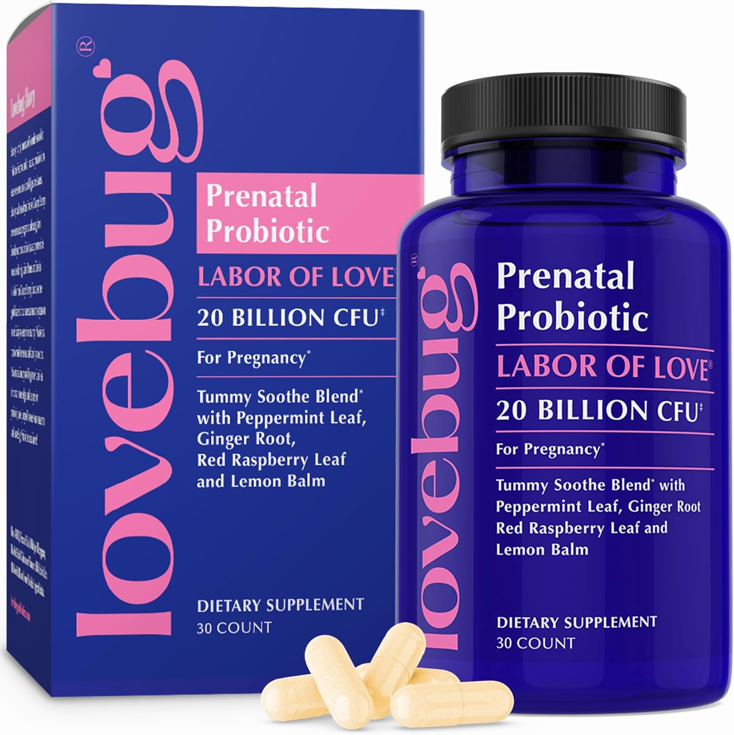 Lovebug Prenatal Probiotic | Helps With Morning Sickness, Nausea, Heartburn & Digestion | Helps Baby Microbiome | Multi Strain 20 Billion Cfu | 30 Capsules