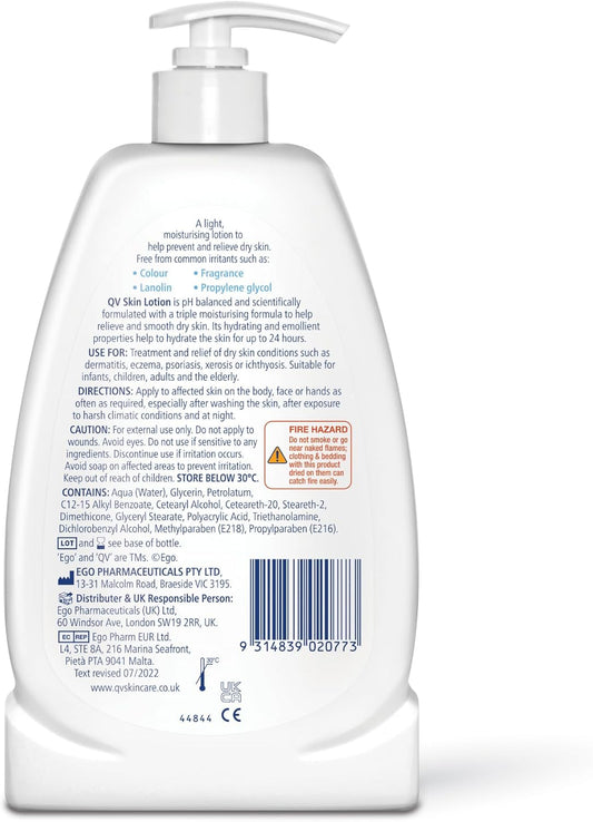 Qv Skin Lotion 500Ml, 24 Hour Moisturisation Light Body Lotion, Ph Balanced, Suitable For Eczema And Dry Skin Conditions