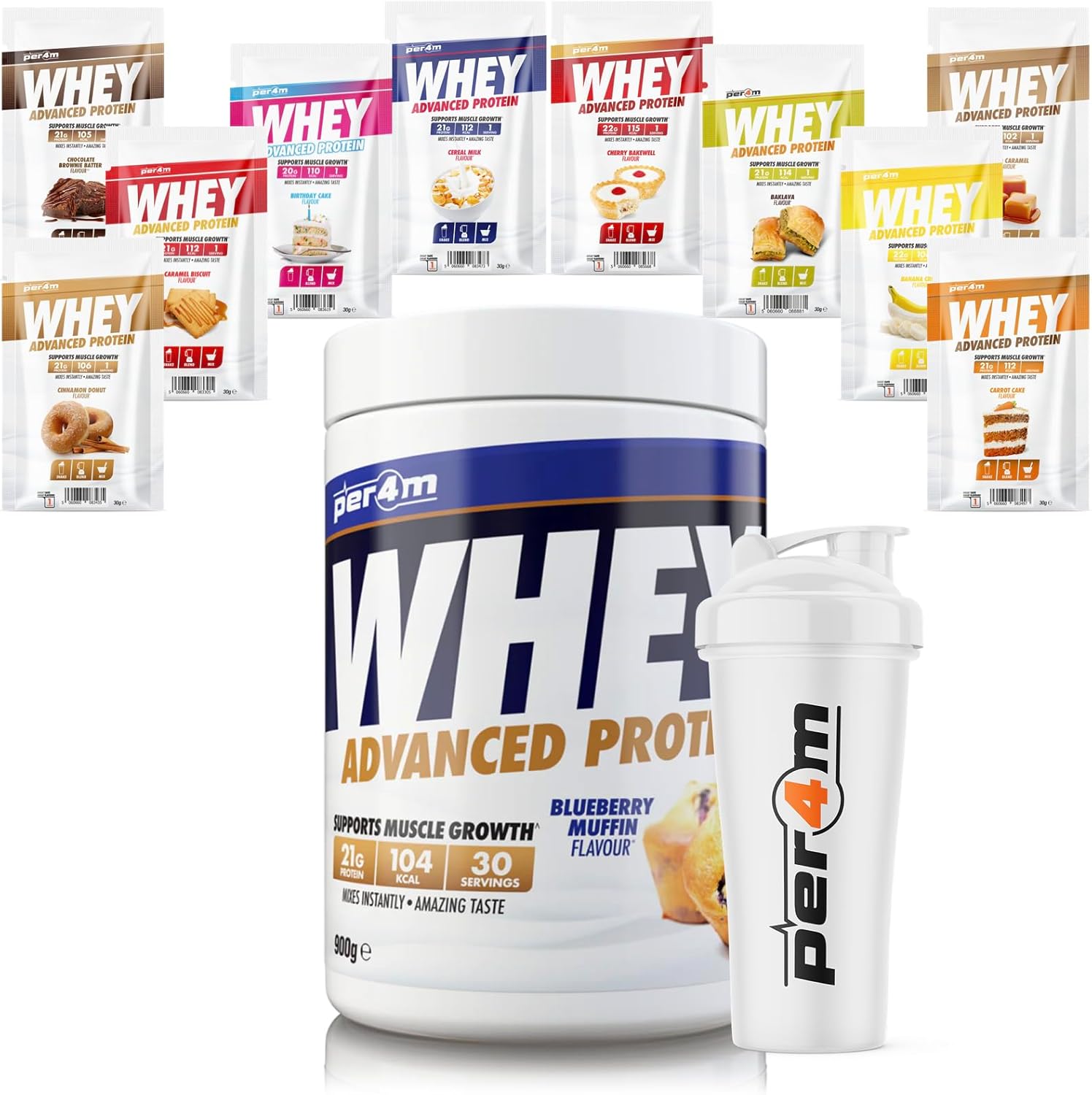 Per4M Advanced Whey Protein Powder | 30 Serving Low Sugar Protein Shake With Amino Acids | Perfect For Your Gym Bag And Travel | Shaker & 5 Mixed Selection Sachets (900G, Blueberry Muffin)