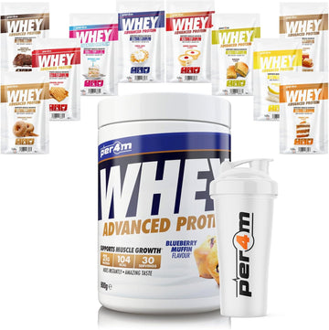 Per4M Advanced Whey Protein Powder | 30 Serving Low Sugar Protein Shake With Amino Acids | Perfect For Your Gym Bag And Travel | Shaker & 5 Mixed Selection Sachets (900G, Blueberry Muffin)