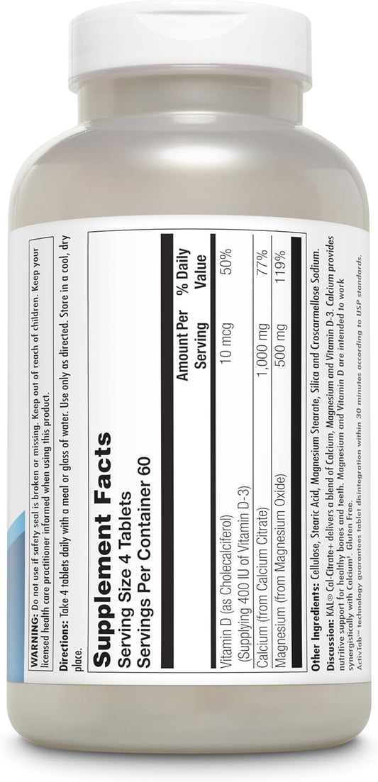 Kal Cal-Citrate+, Calcium Citrate Plus Vitamin D-3 And 500 Mg Of Magnesium, Healthy Bones And Teeth Support, Gluten Free And Lab Verified For Quality, 60 Servings, 240 Tablets