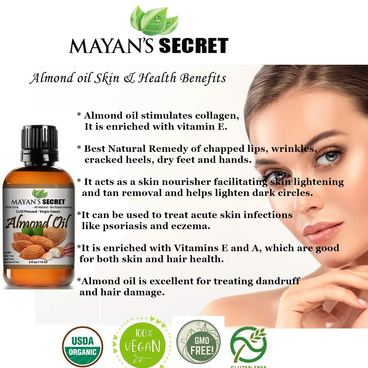 Mayan'S Secret - 100% Organic Sweet Almond Oil For Skin Hair, Face - Cold Pressed Pure Almond Essential Oil (4 Fl. Oz.) : Beauty & Personal Care