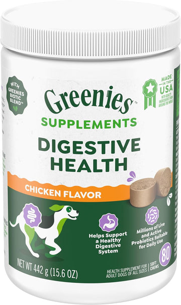 Greenies Supplements Digestive Health Probiotics For Dogs Chicken Flavor, 15.6 Oz. Tub Of 80 Ct. Soft Chews Dog Probiotics