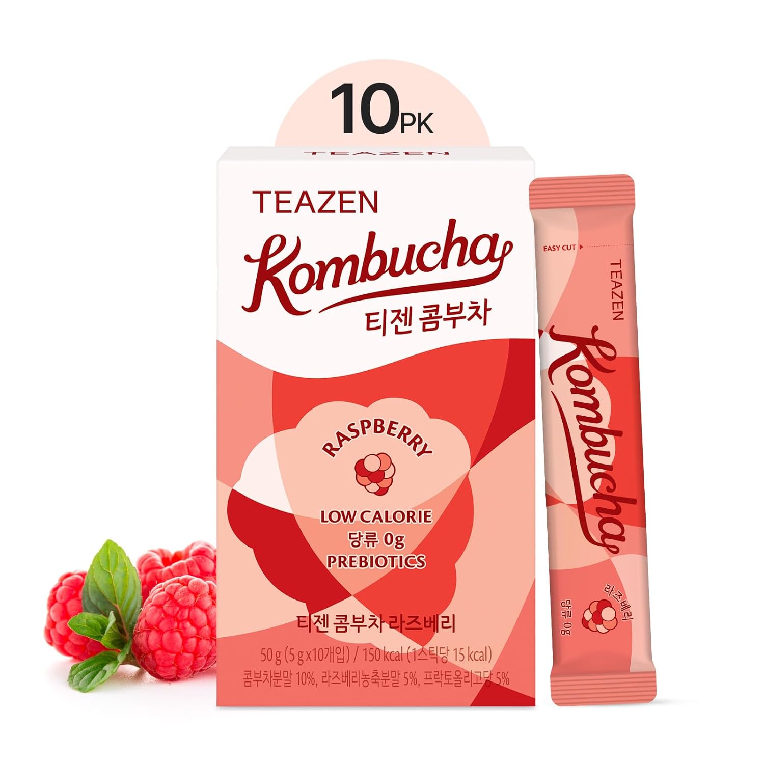 Teazen Kombucha Tea, Zero Sugar, Sparkling Fermented Powdered Mix Beverage From Korea, Live Probiotics & Prebiotics (Raspberry)