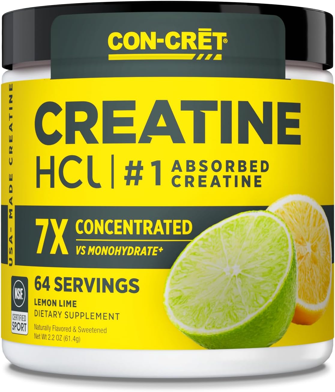 Creatine Hcl Powder | Muscle, Cognitive, Cellular Energy Support | No Bloating Or Cramps | Usa Made & Nsf Certified | Lemon Lime (64 Serving)