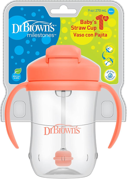 Dr. Brown’S Milestones Baby’S First Straw Cup, Training Cup With Weighted Straw, Coral, 6M+