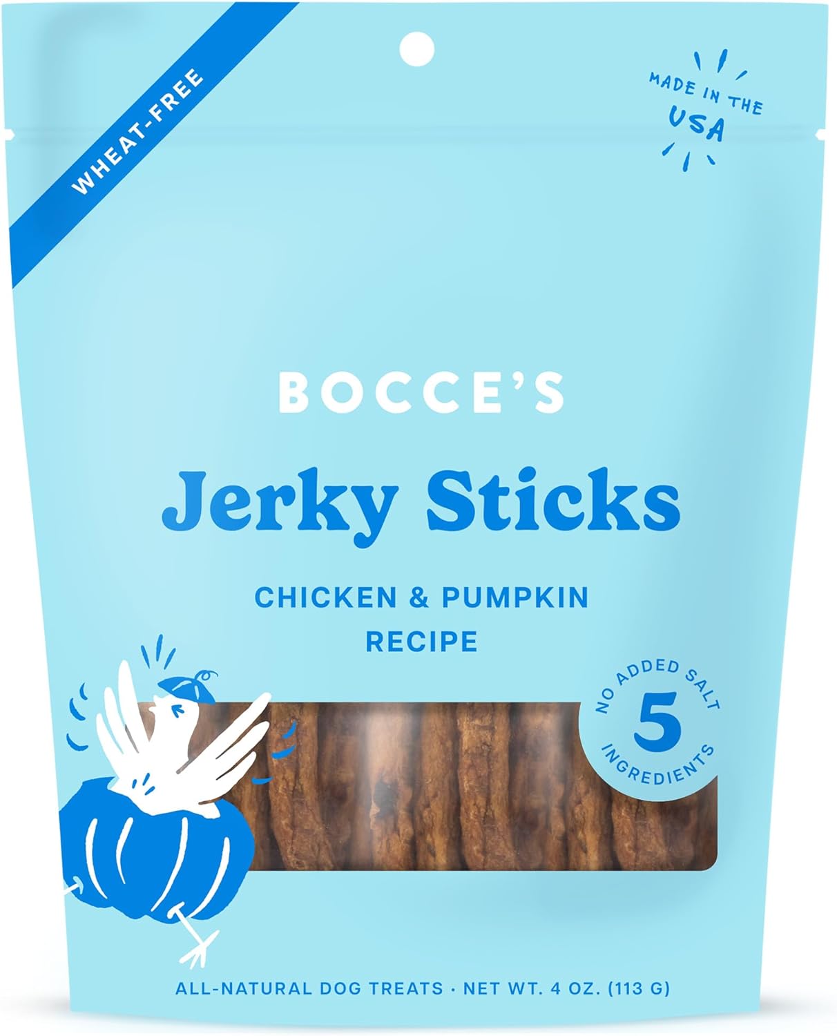 Bocce'S Bakery Jerky Stick Dog Treats, Wheat-Free, Made With Limited-Ingredients, Baked In The Usa With No Added Salt Or Sugar, All-Naural & High-Protein, Chicken & Pumpkin, 4 Oz