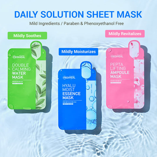 Mediheal Double Calming Water Mask, Pack Of 15 - Calming Face Mask Sheet With Centella Asiatica And Artemisia Extract, Relieves Sensitive And Redness Skin, Silky Smooth Cellulose Sheet