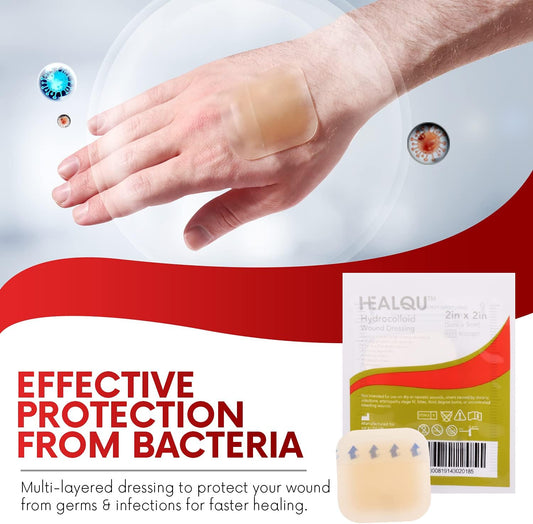 Healqu Hydrocolloid Wound Dressing - 2X2" Thin - Box Of 20 Large Bandages - Sterilized Bordered Hydrocolloid Patches For Bed Sores, Abrasions, And More - Waterproof And Absorbent With Protective