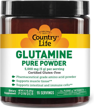 Country Life Glutamine Pure Powder - 5000Mg L-Glutamine - Muscle Tissue, Gut Health, Immune Support - Gluten-Free Certified - Ideal Pre/Post Workout Amino Acid Supplement, 55 Servings, 9.7Oz