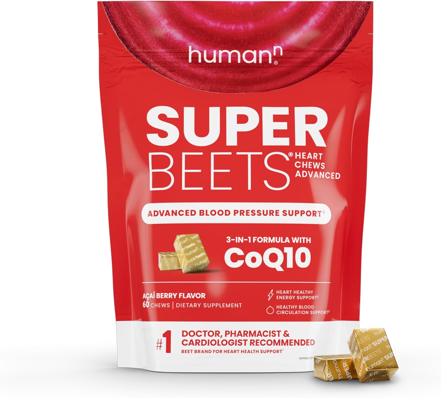 Humann Superbeets Heart Chews Advanced - 3-In-1 Formula With Beetroot, Grape Seed Extract, & Coq10, 60 Count
