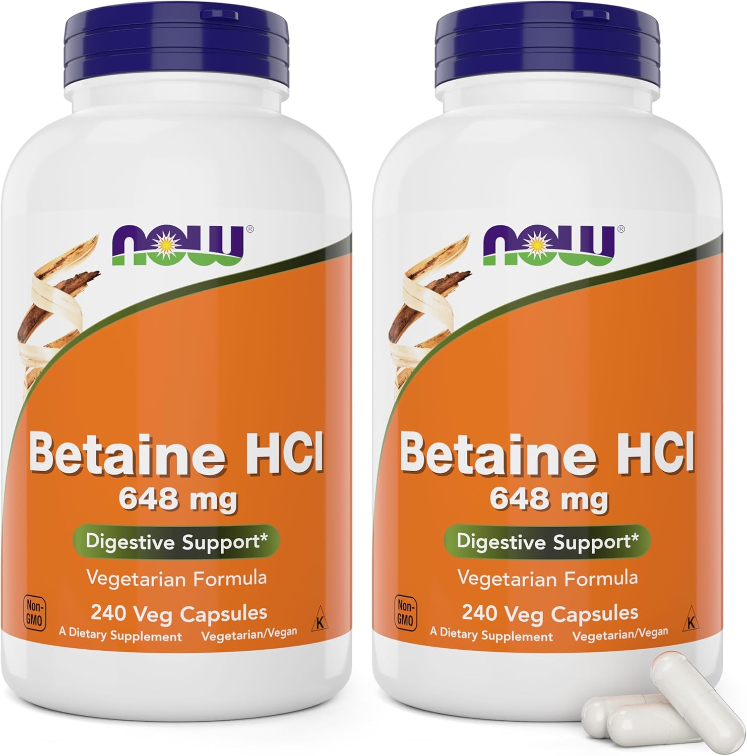 Now Betaine Hcl 648Mg 240 Veg Capsules (Pack Of 2) - Digestive Enzymes Supplement - Enhanced With Pepsin Protease For Protein Digestion Support